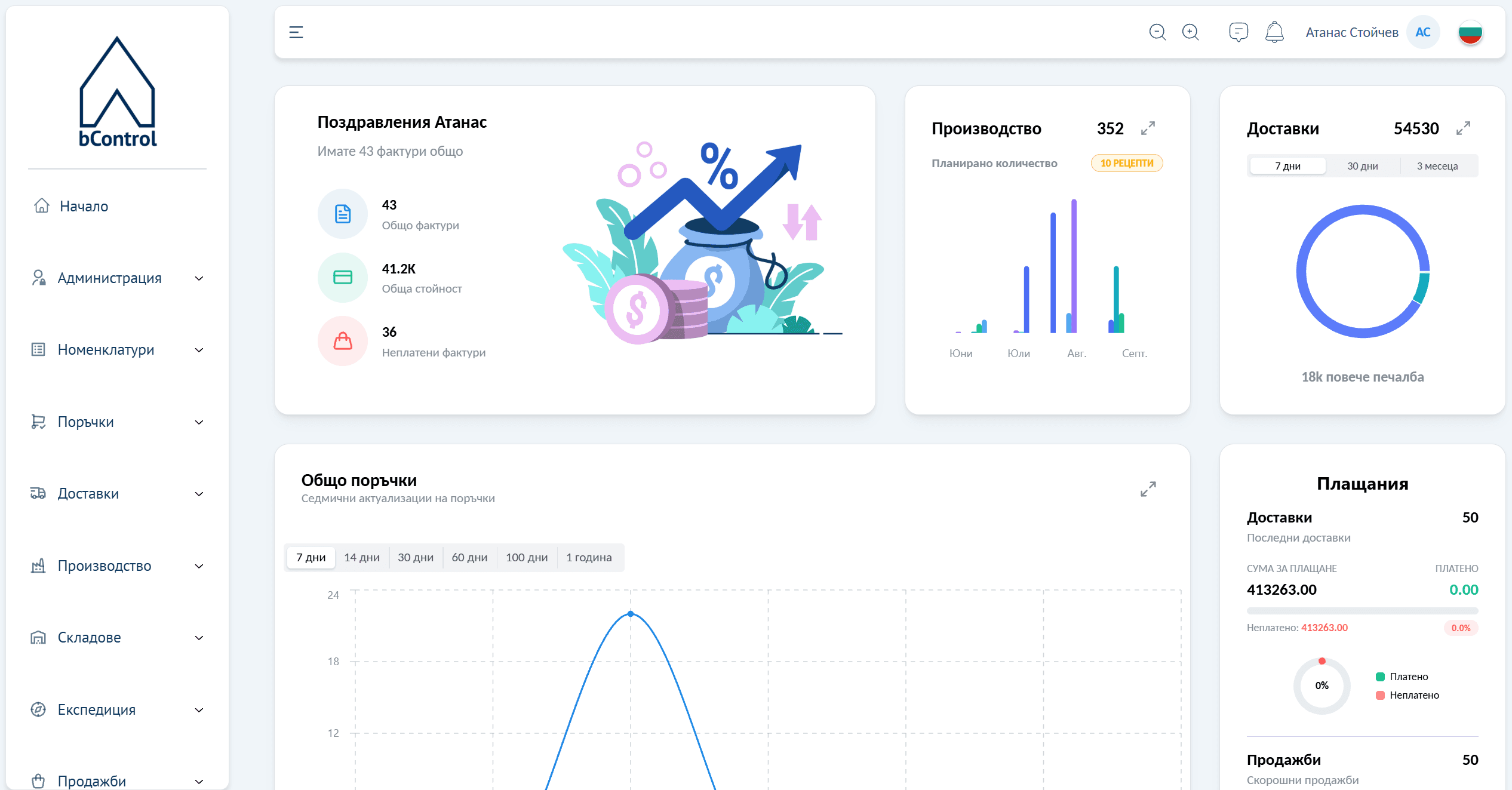 Интерфейс на bControl — управление на производство и склад